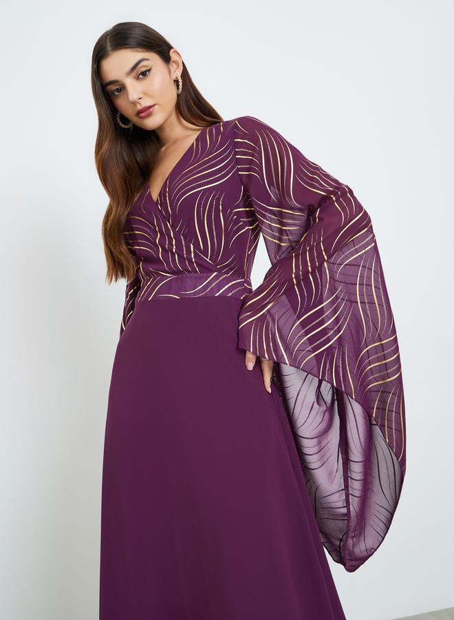 Styli Women Purple Printed Bell Sleeve A-Line Maxi Dress - Image 3